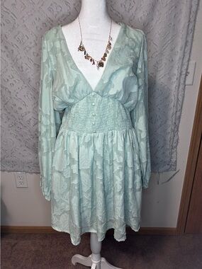 Lulu's Mint Green Long Sleeve Floral Fit-and-Flare Dress